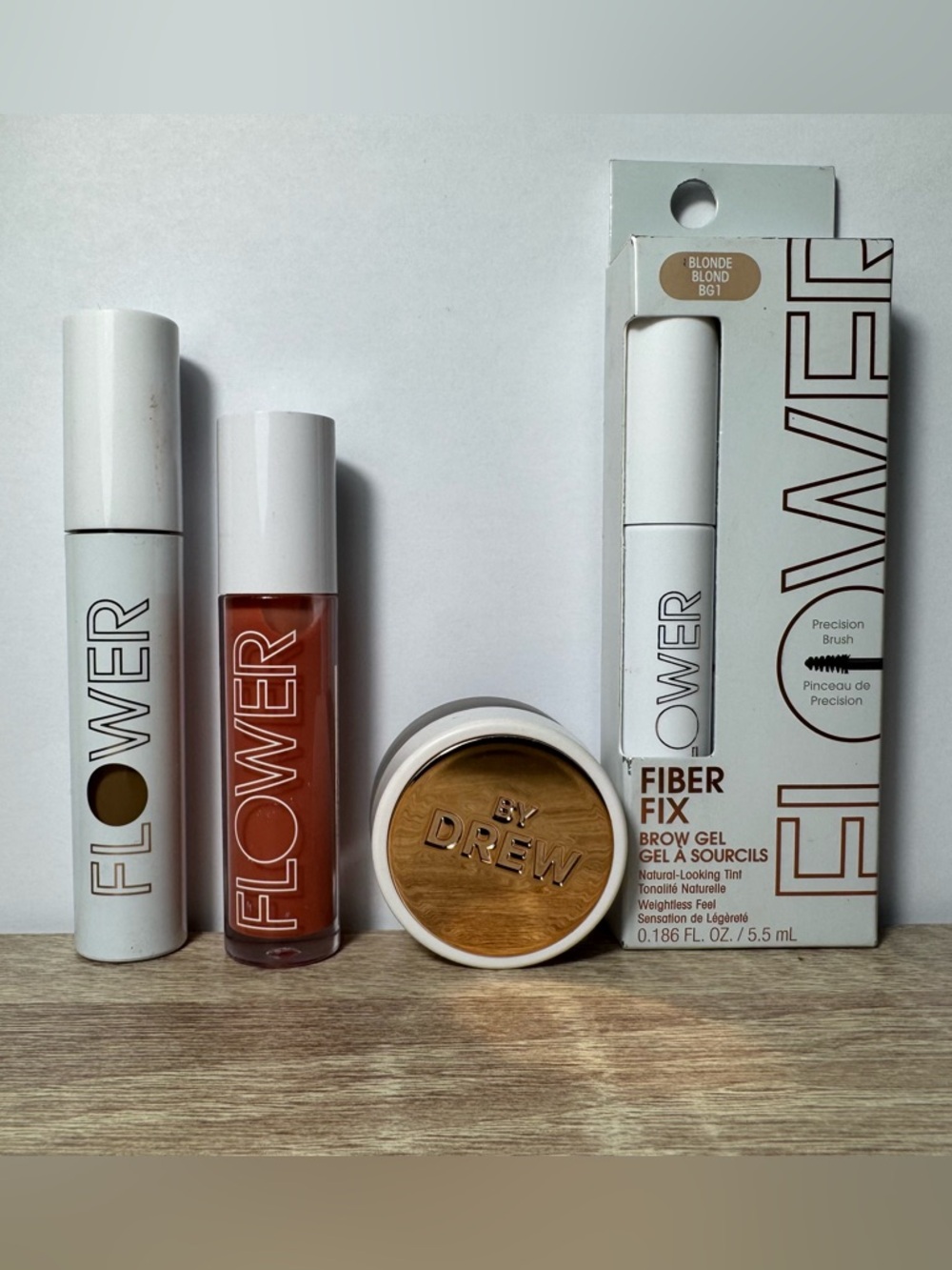 FLOWER Beauty by Drew Barrymore 4pc Makeup 2 Brow Gels, Lip Scrub, Lip Serum.
